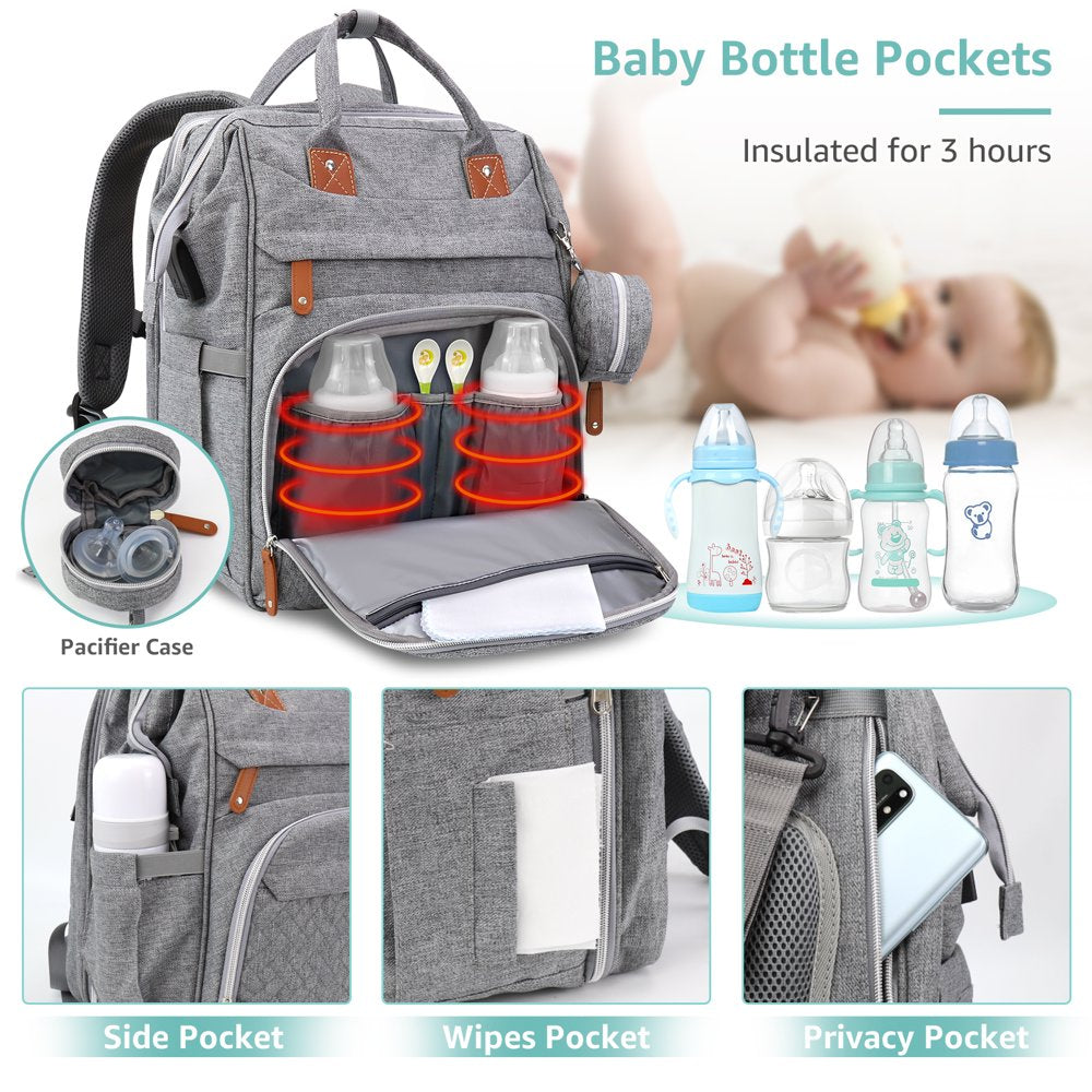 Baby Diaper Bag Backpack with Changing Station,Waterproof Changing Pad, USB Charging Port, Pacifier Case, Grey Color