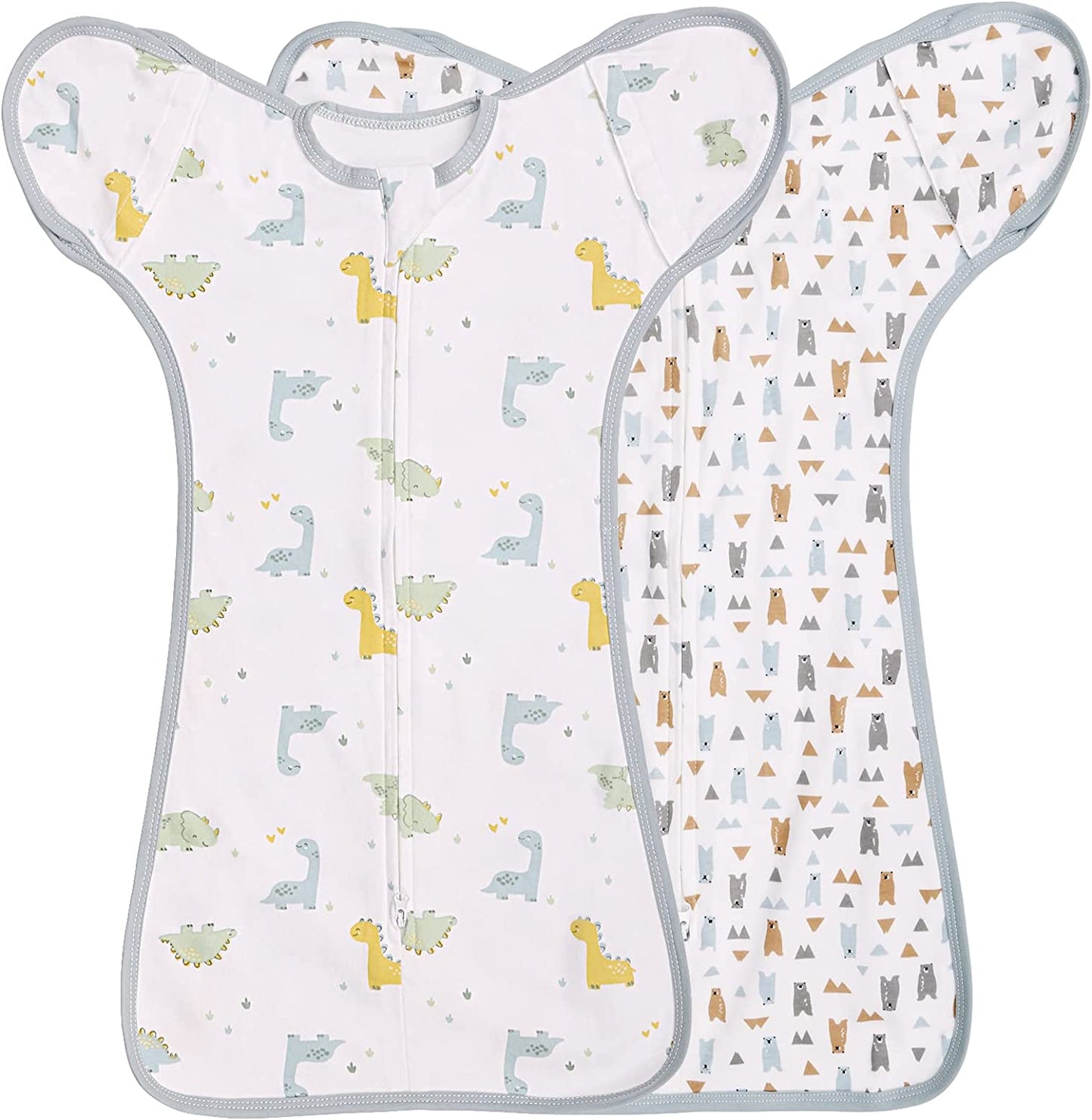 Transition Swaddle with 2 Way Zipper (2 Pack), 100% Cotton, 0-3 Months, Dinosaur & Bear