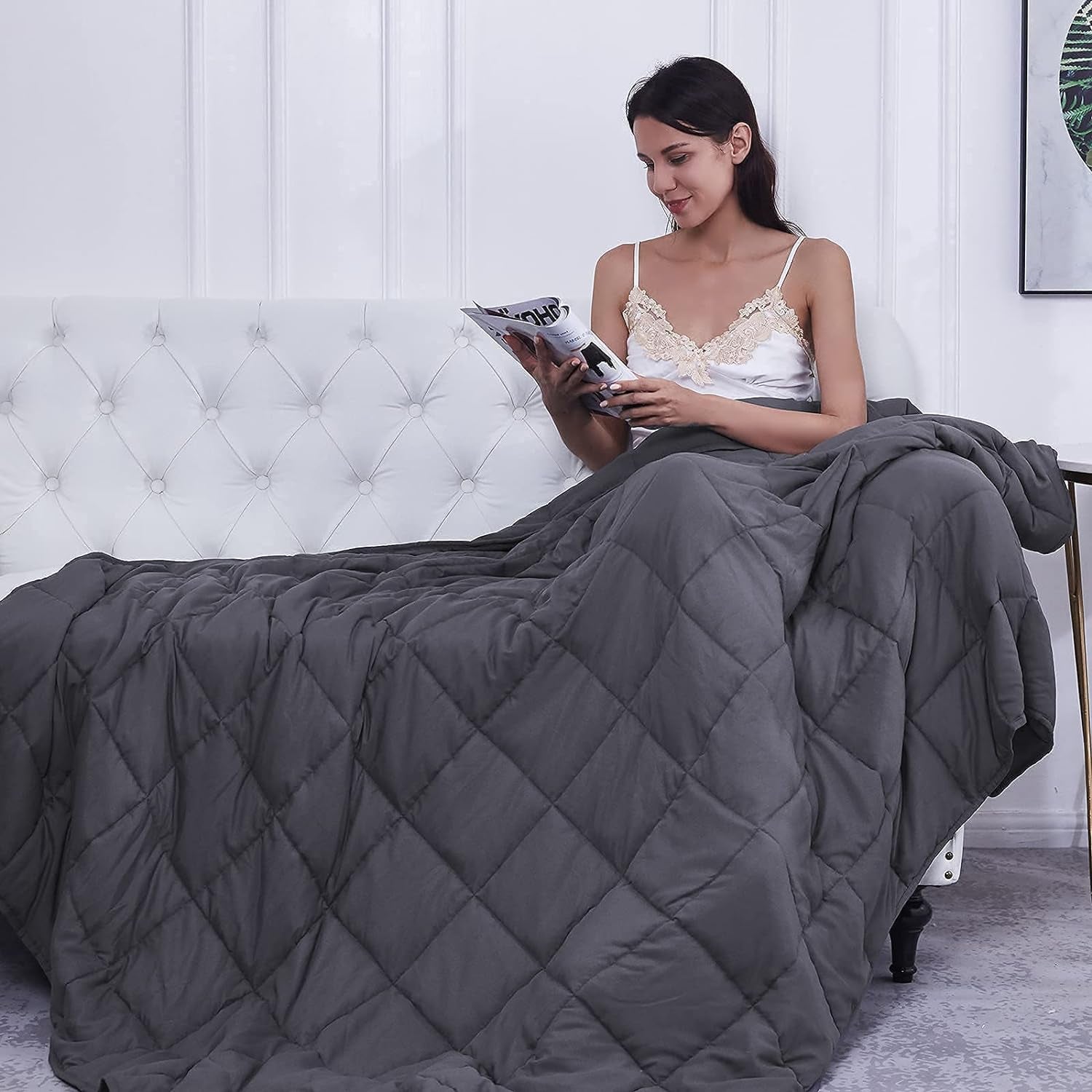 Weighted Blanket (Dark Grey,48"X72"-15Lbs) Cooling Breathable Heavy Blanket Microfiber Material with Glass Beads