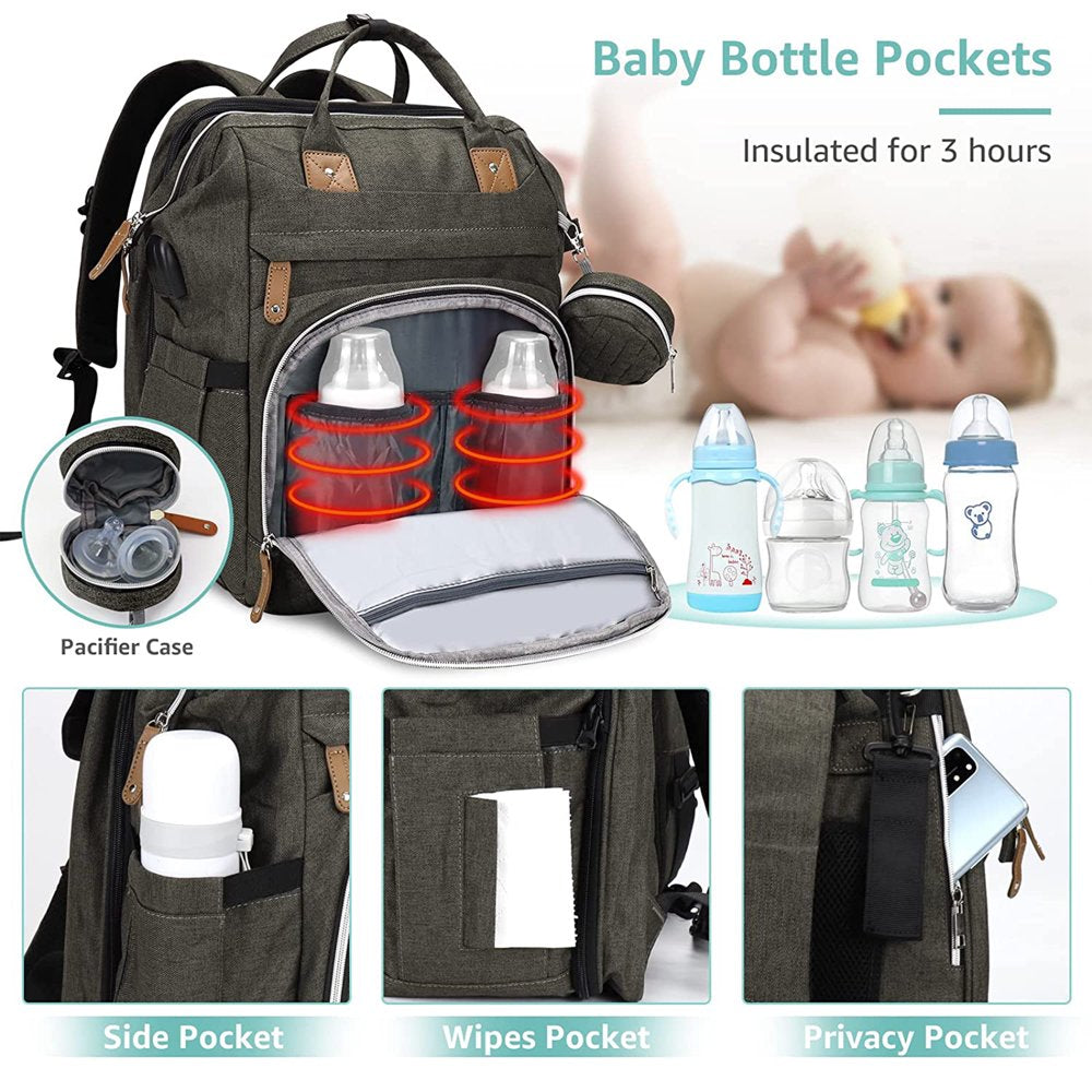 Baby Bag Backpack, Diaper Changing Station,Waterproof Changing Pad, USB Charging Port, Pacifier Case,Army Green Color