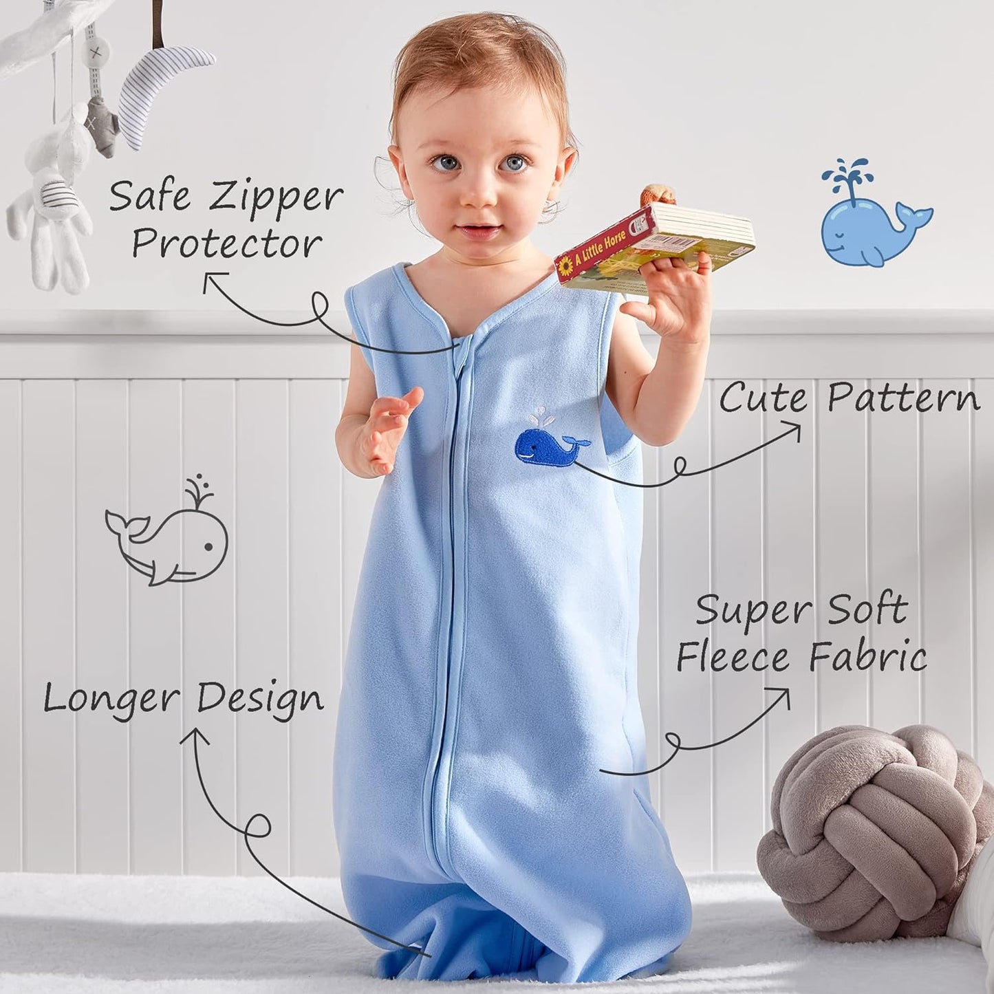 Micro Fleece Sleep Sack, Sleeveless with Two-Way Zipper, 12-18 Months, 1 Pack, Light Blue Whale