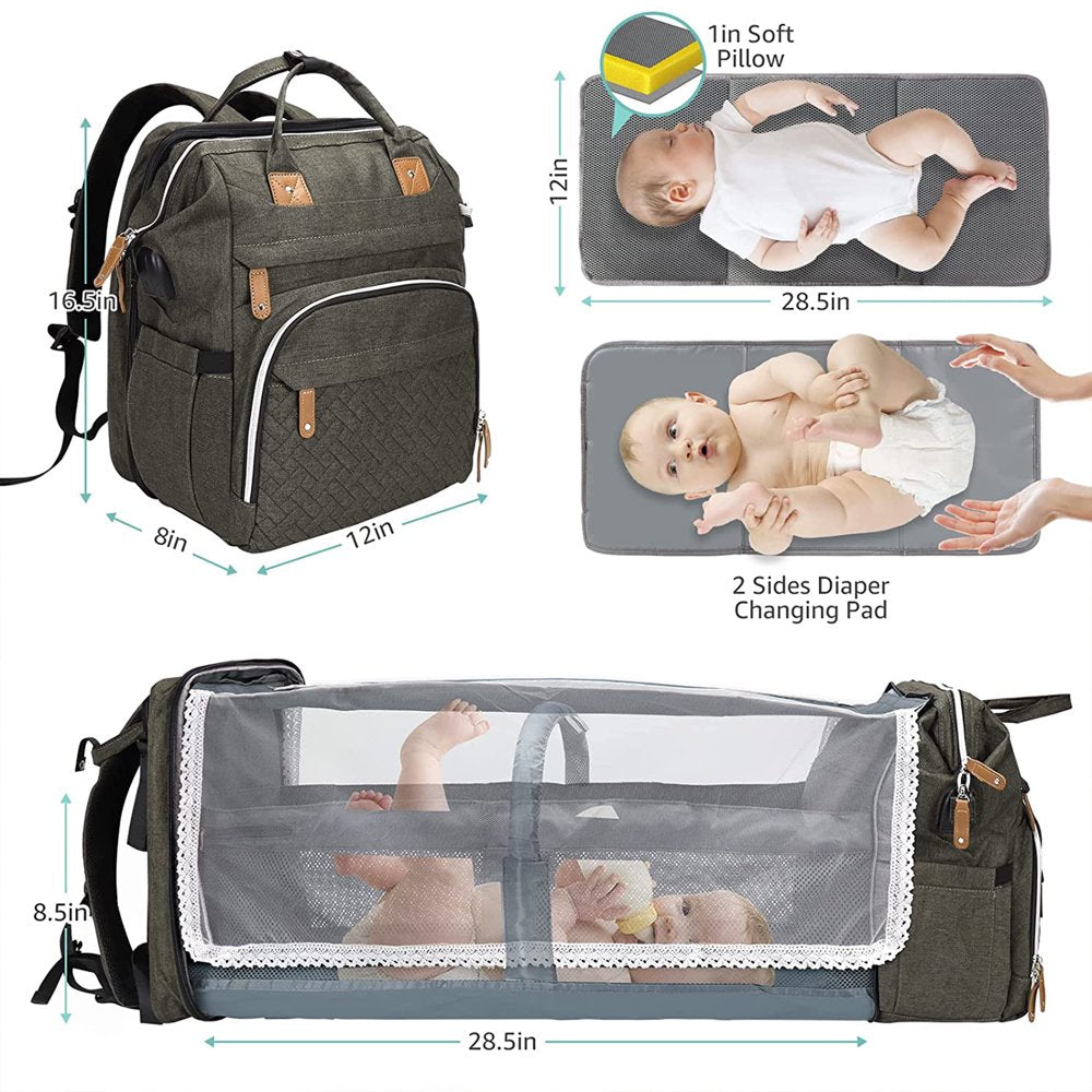 Baby Bag Backpack, Diaper Changing Station,Waterproof Changing Pad, USB Charging Port, Pacifier Case,Army Green Color