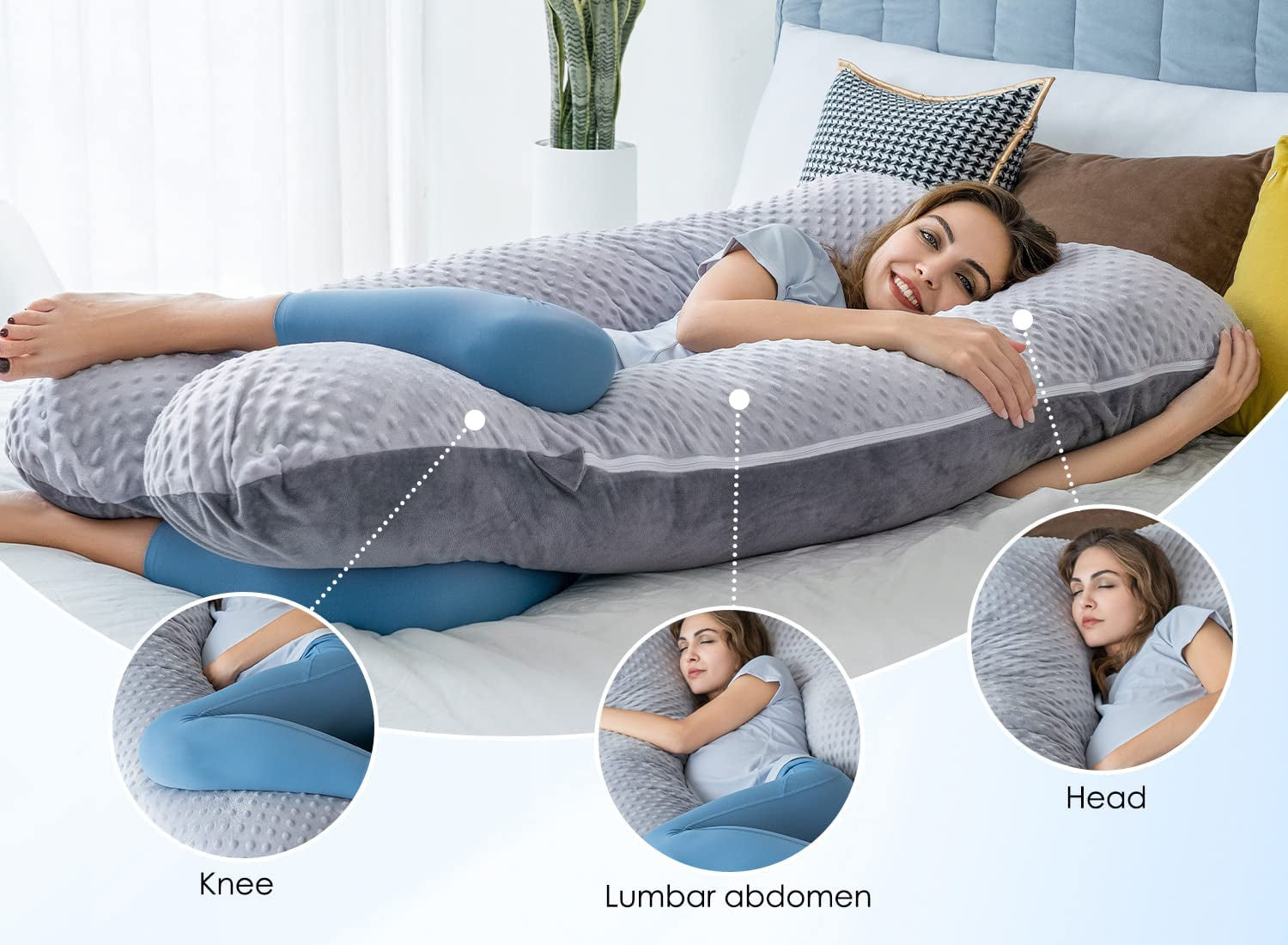 Pregnancy Pillow, Maternity Pillow for Pregnant Women, 55 Inch U Shaped Full Body Pillow for Sleeping Support, Reversible Minky Dot Velvet Cover, Grey