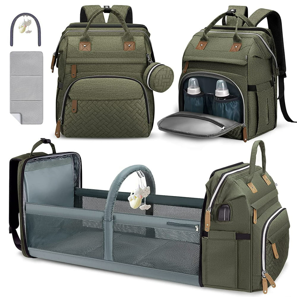 Baby Bag Backpack, Diaper Changing Station,Waterproof Changing Pad, USB Charging Port, Pacifier Case,Army Green Color