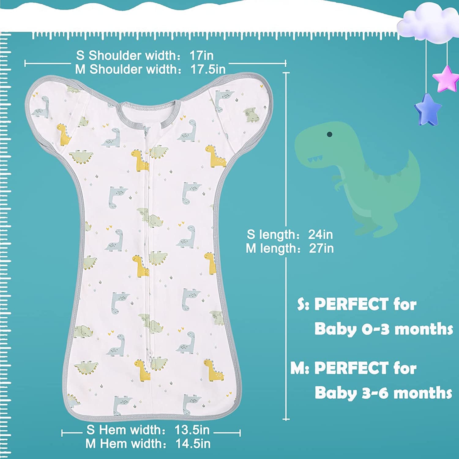 Transition Swaddle with 2 Way Zipper (2 Pack), 100% Cotton, 0-3 Months, Dinosaur & Bear